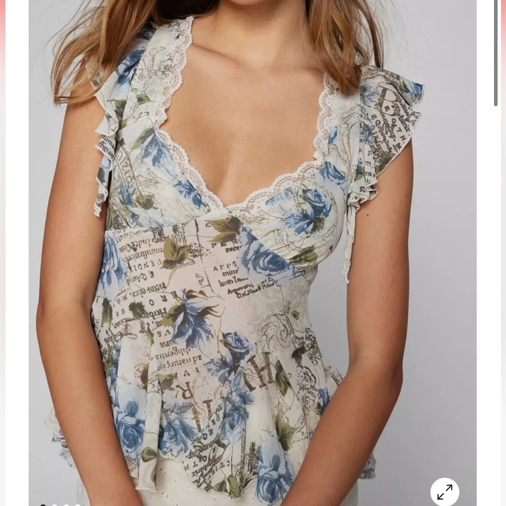 Kimchi Blue Blue Floral Lace-Trim Peplum Top